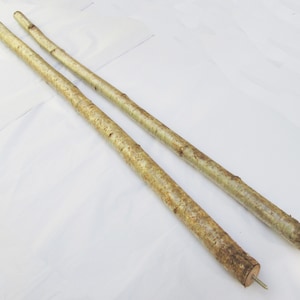 May include: Two long, thin, natural wood sticks with a light brown colour. The sticks are lying on a white surface. One stick has a screw at the end.
