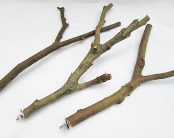 May include: Three natural wood branches with metal rings attached to the ends. The branches are different sizes and shapes, and they are all lying on a white surface.