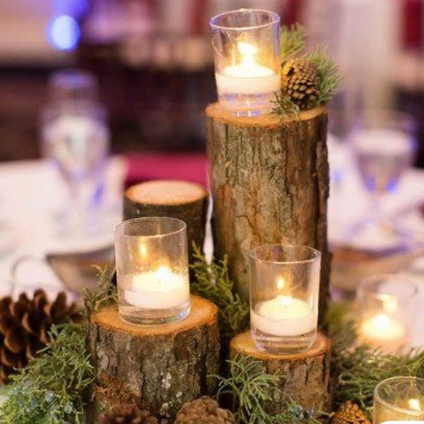 Natural Fresh Woodland Christmas Log Table Centre Piece Candle Holder Decoration Decor Set