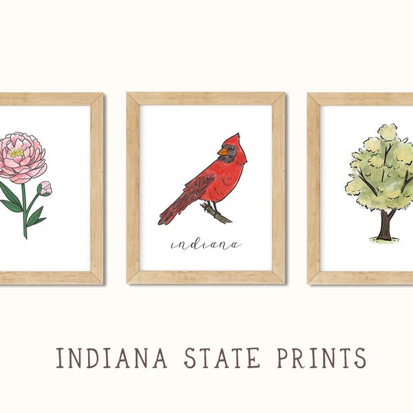 Indiana State Symbols Art Print: Cardinal, Peony, Tulip Poplar