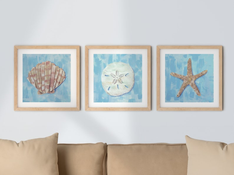 Seashell Sand Dollar Starfish Print Set: Beach House Wall Art (8x8 Inch ...