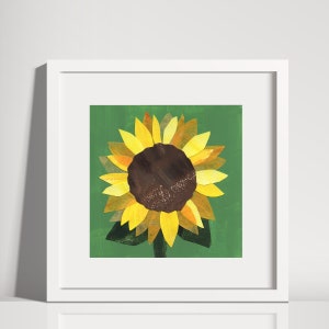 Sunflower Collage Art Print: Green & Yellow Paper Cut Artwork (8x8 Inch)