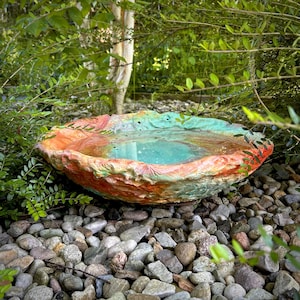 Handmade Concrete Bird Bath Bowl: Garden Art with Sculpted Leaves