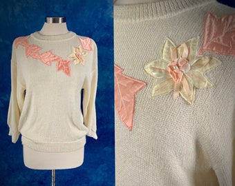 Vintage 80's Floral Sateen Appliqué 3/4 Sleeve Sweater