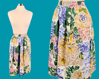 Vintage 80's Floral High Waisted Pleated Skirt With Pockets