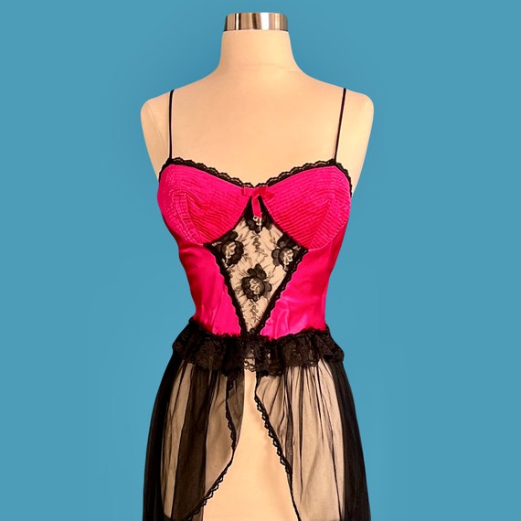 Vintage 80's Hot Pink And Black Negligee With Bus… - image 3