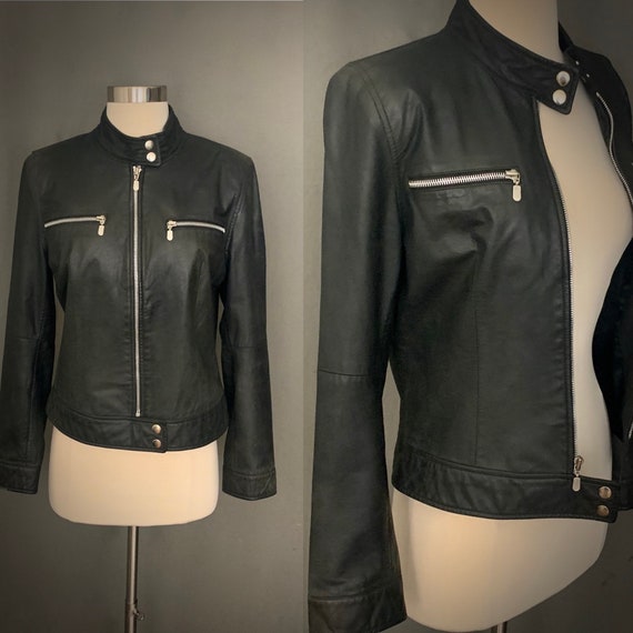 1990's Women's Black Leather Moto Jacket Size Medi