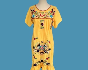 Vintage Hand Embroidered Yellow Cotton Mexican Oaxacan Peasant Folk Dress