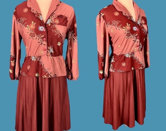 Vintage 80's Pleated Skirt One Piece Peplum Secretary Dress