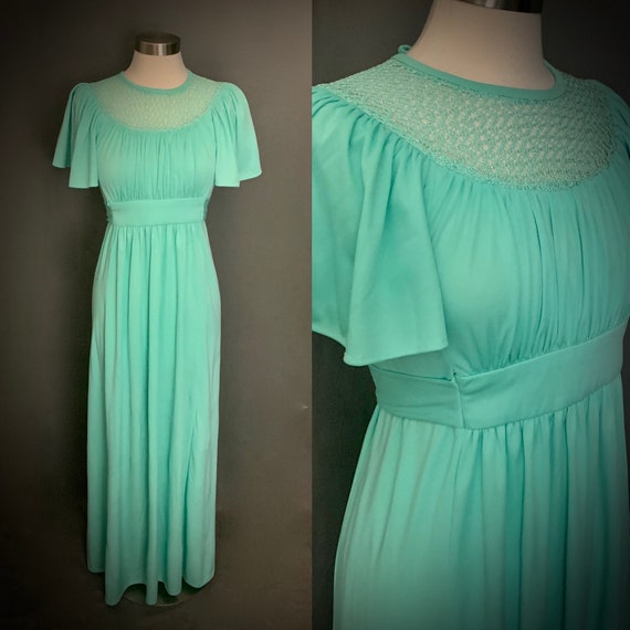 1970's Boho Maxi Dress Crochet Mint Green Emp