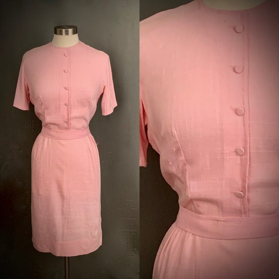 Pink Linen Shirtwaist Dress Midi Dress 