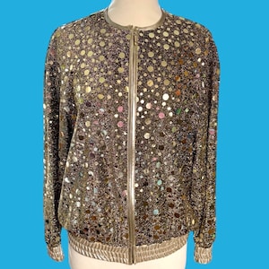 Vintage 80s Gold Sequin Bomber Jacket Caron Components Metallic Glam Zip Up Party Jacket Size Medium Large