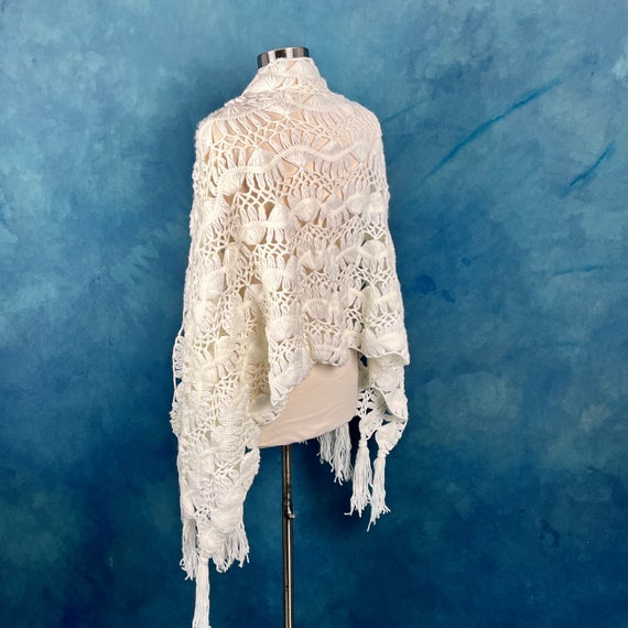 Vintage 70's White Crochet Scarf Wrap Shawl - image 8