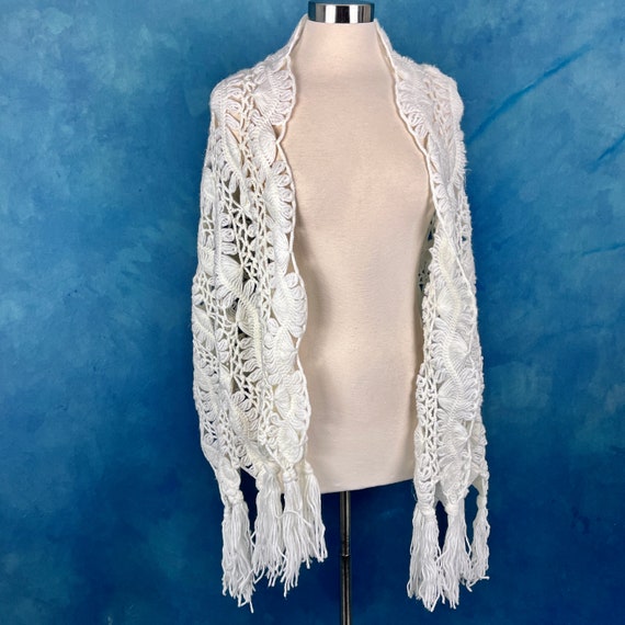 Vintage 70's White Crochet Scarf Wrap Shawl - image 2