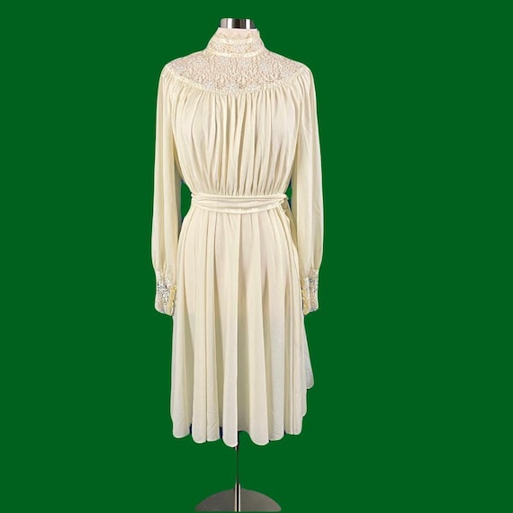 Vintage 70's Argent Fille Ltd Ivory High Neck Lace Bishop Sleeve Dress