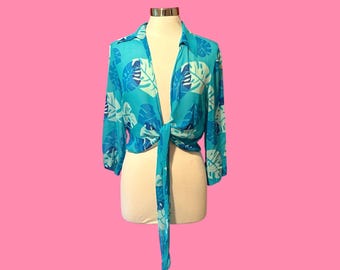 Vintage 90s Silk Crop Top: Tropical Leaf Print, Express Blouse