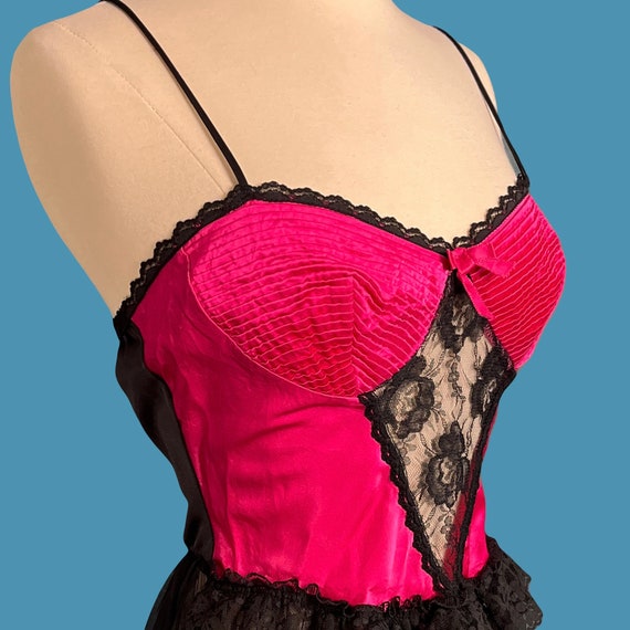 Vintage 80's Hot Pink And Black Negligee With Bus… - image 7