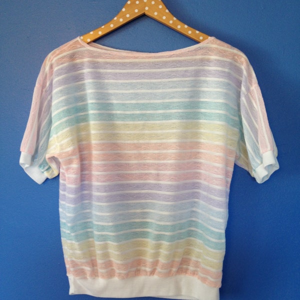 Vintage women's 1980's knit top made in USA pastel pink/yellow/blue/purple striped shirt