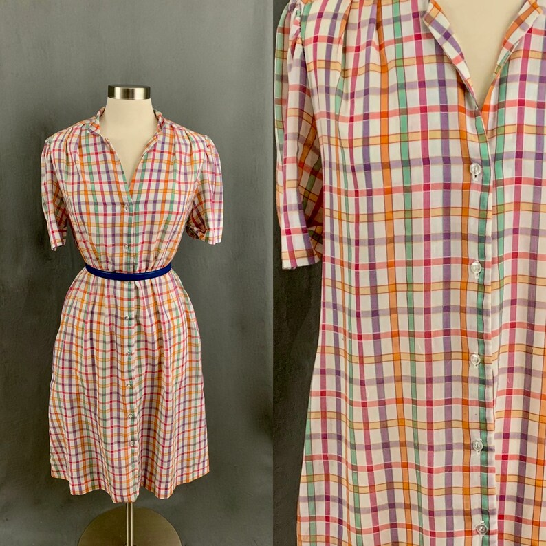 1960/'s Plaid Vintage Button Down Shirtdress Day Dress Shift With Pockets by The Traveler by Connie