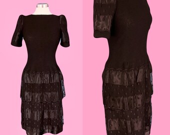 Vintage 80's Adolfo New York Black Drop Waist Sweater Dress