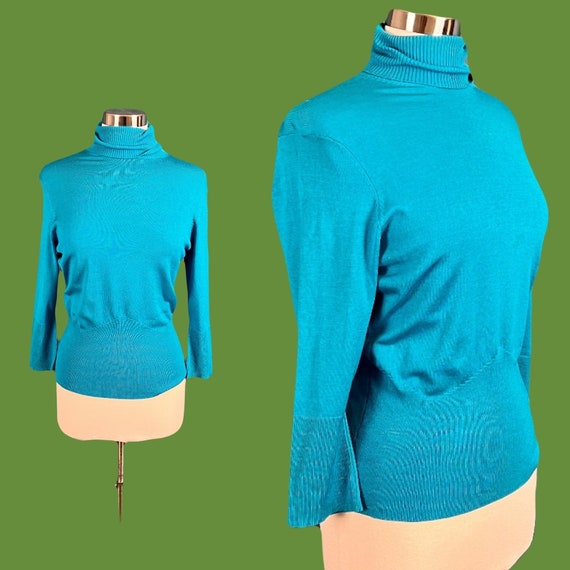 Vintage 80's Silk Blue Turtleneck 3/4 Sleeve - image 1