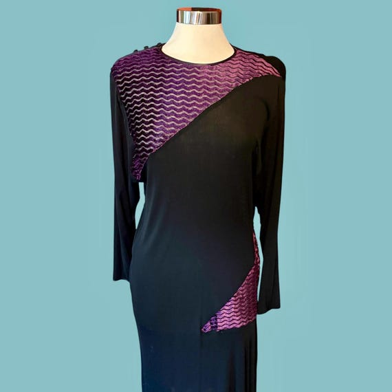 Janice Wainwright Black Purple Asymmetrical Midi Dress – 1980s Avant Garde UK Designer
