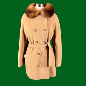 Vintage 60&#39;s Double Breasted Fur Collar Belted Coat  Size Large