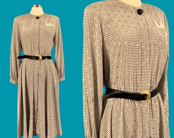Vintage 80's Houndstooth Print Long Sleeve Dress