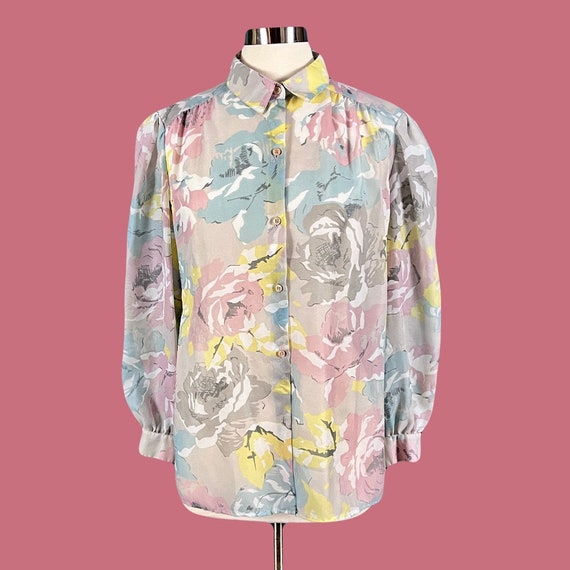 Vintage 80's Sheer Floral Secretary Blouse Button… - image 3