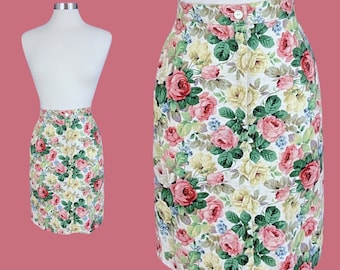 Vintage 80's High Waisted Floral Canvas Denim Pencil Skirt Made in France