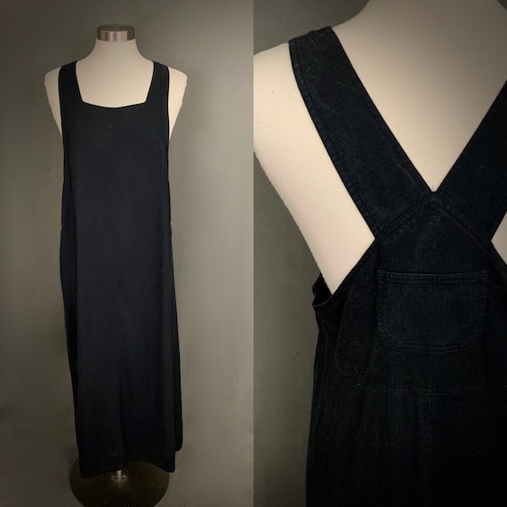 1980's Linen Rayon Black Pinafore Dress Jumper Ove