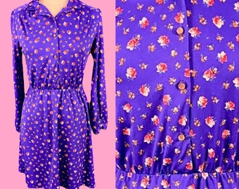 Vintage 70's Long Sleeve Purple Floral Mini Dress