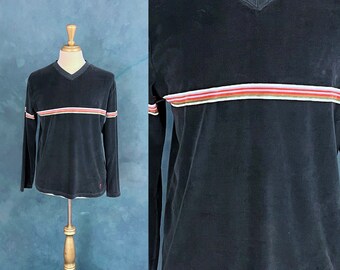 Vintage 80's Guess Long Sleeve Velour V Neck Pullover With Stripes