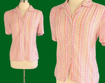 Women's Vintage 1980's Windowpane Plaid Short Sleeve Button Down Size 9/10