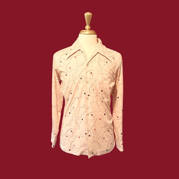 70s Disco Shirt: Geometric Print, Wide Collar - Size L