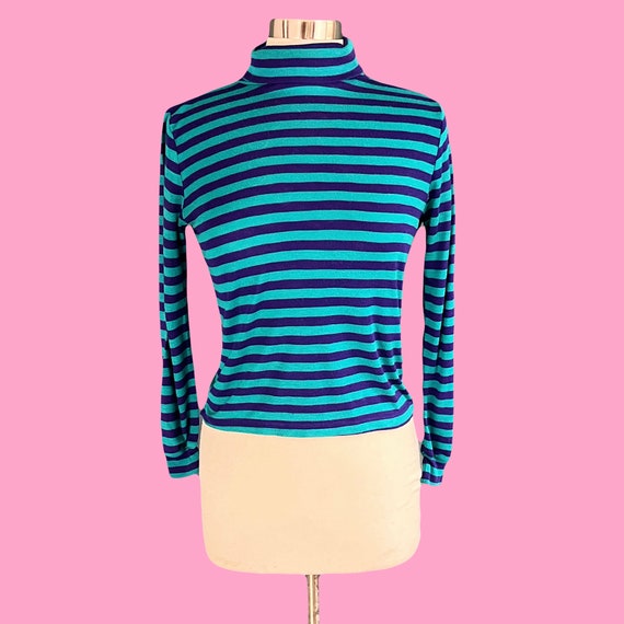 Vintage 80's Blue and Purple Striped Turtleneck S… - image 3