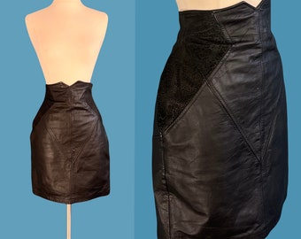 Vintage 70's Black Leather High Waisted Pencil Skirt