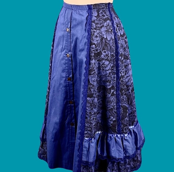 Vintage 80's Rose Print Lace Trim Full Skirt With… - image 10