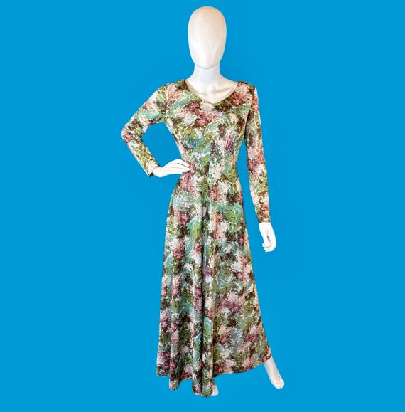 1970s Orsini Maxi Dress: Abstract Floral, Empire Waist, Boho Style