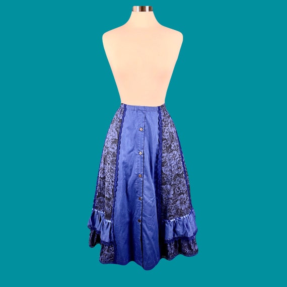 Vintage 80's Rose Print Lace Trim Full Skirt With… - image 3