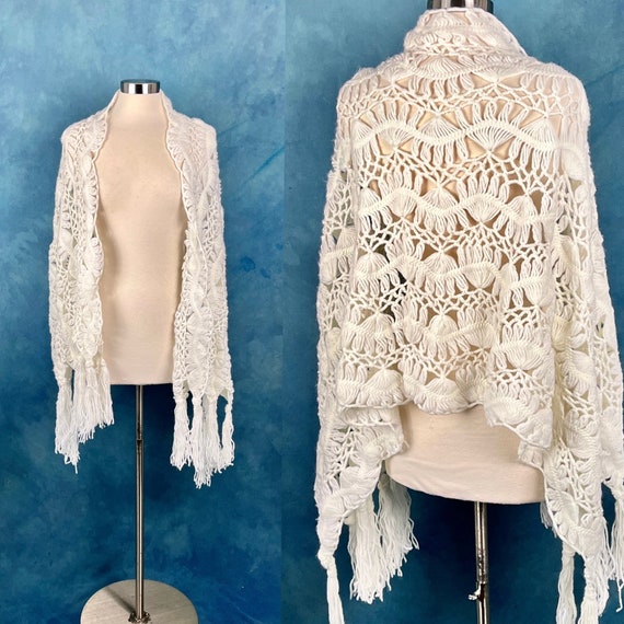 Vintage 70's White Crochet Scarf Wrap Shawl - image 1