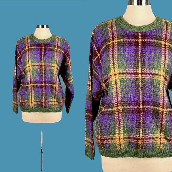 Vintage 80’s Plaid Mohair Blend Pullover Sweater Size Large