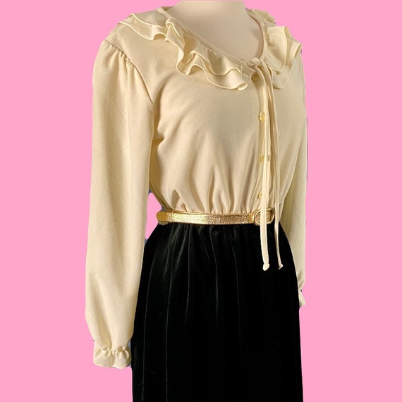 Vintage 70's Ruffle And Velvet Long Sleeve Dress - image 2