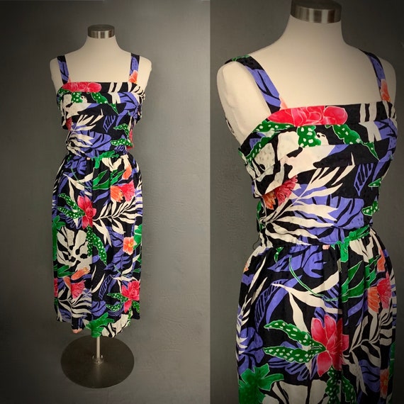 1980's Silk Dragon Silk Tropical Print Sundress W