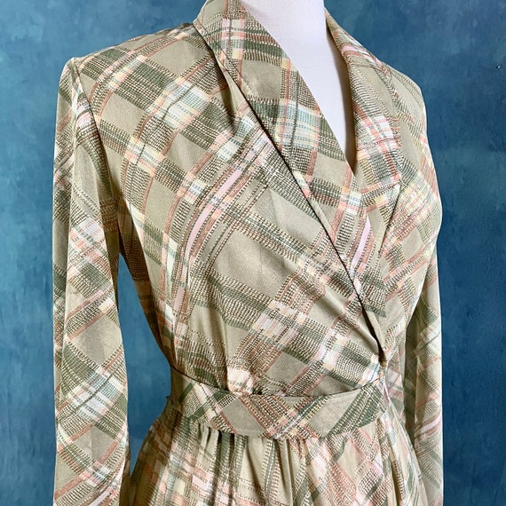 Vintage 70's Long Sleeve Sheer Low Cut Plaid Midi… - image 5