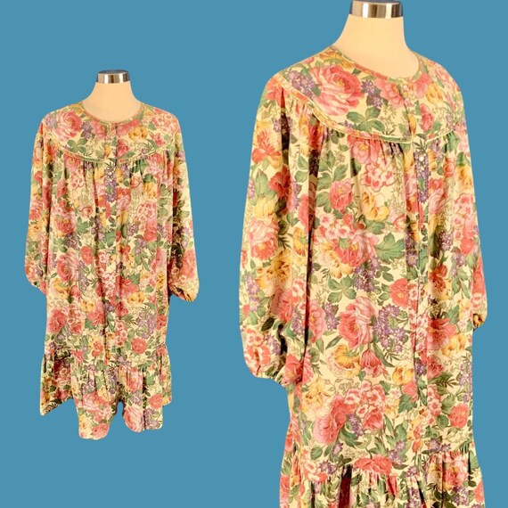 Vintage 80's Pearl Snap Floral Print Housedress L… - image 2