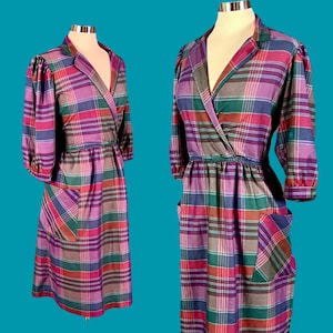 Vintage 70's Plaid Midi Dress With Pockets