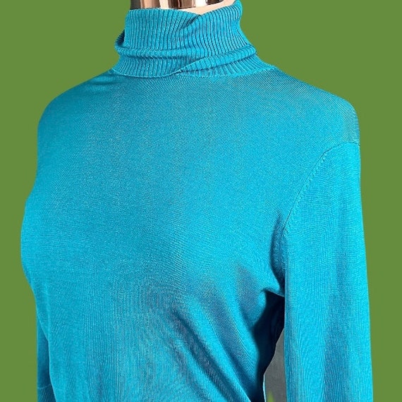 Vintage 80's Silk Blue Turtleneck 3/4 Sleeve - image 5