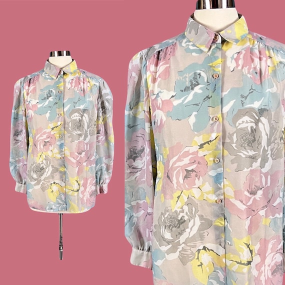 Vintage 80's Sheer Floral Secretary Blouse Button… - image 1