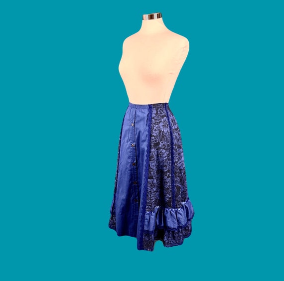 Vintage 80's Rose Print Lace Trim Full Skirt With… - image 9